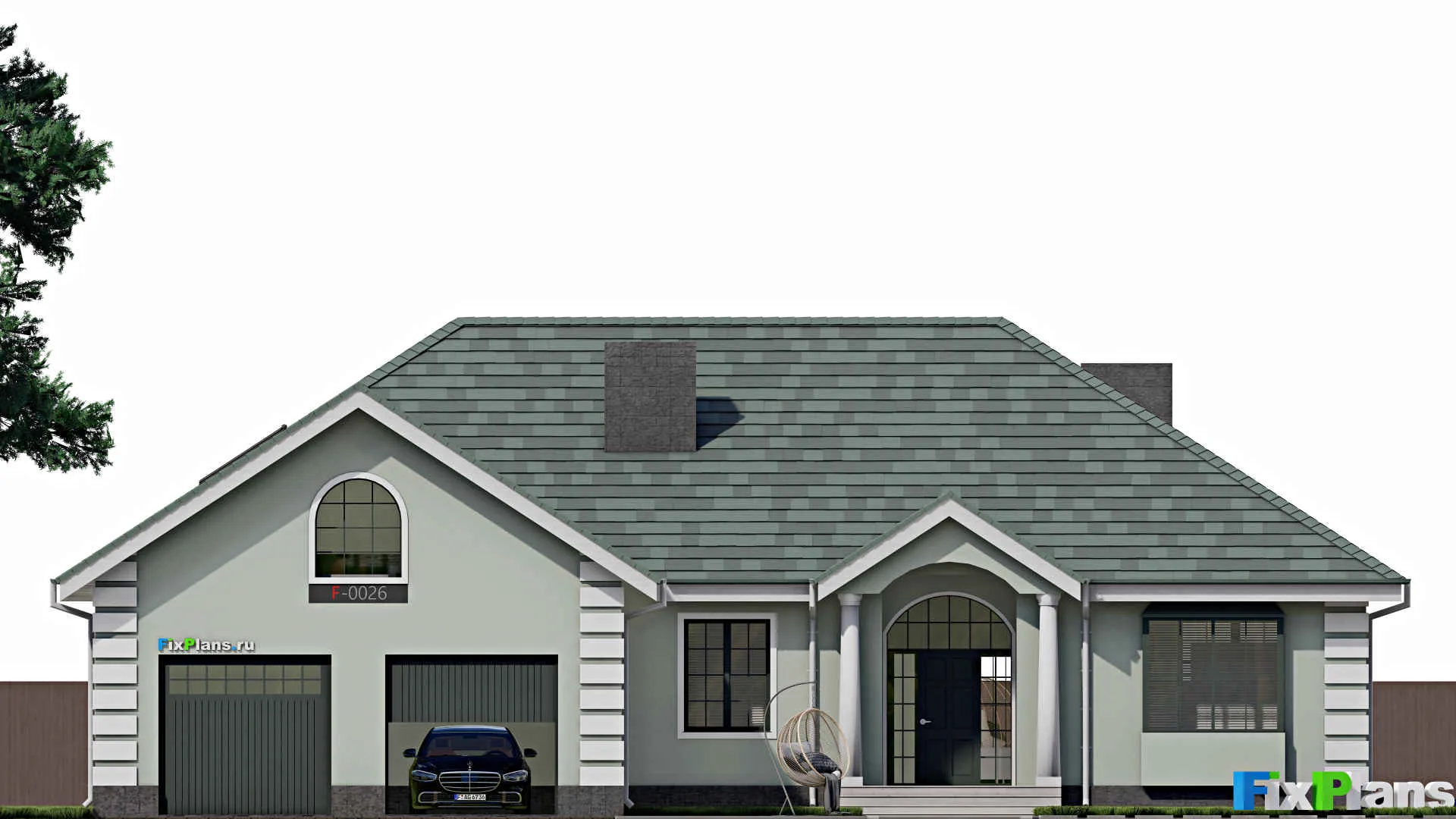 F-0026 - Проект дома с мансардой 17 на 20, площадью 330 м² с террасой, гаражом на 2 машины и 3 спальнями