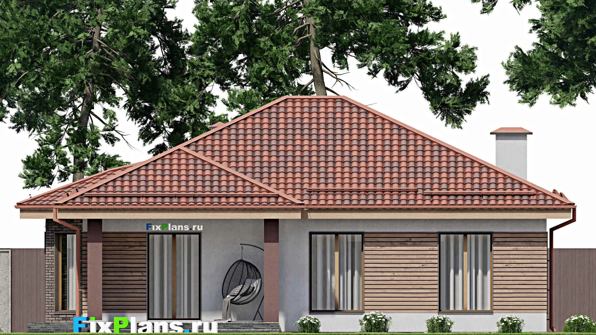 F-8648 - Проект одноэтажного дома 14 на 15, площадью 130 м² с террасой и 3 спальнями