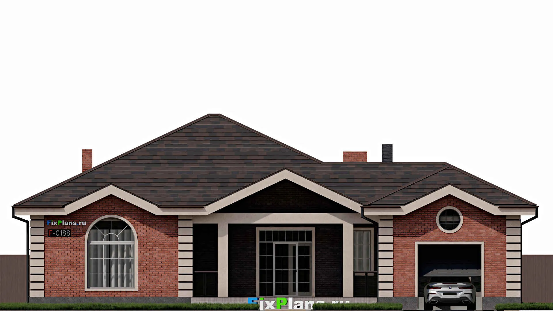 F-0188 - Проект одноэтажного дома 19 на 19, площадью 210 м² с террасой, гаражом на 1 машину и 2 спальнями
