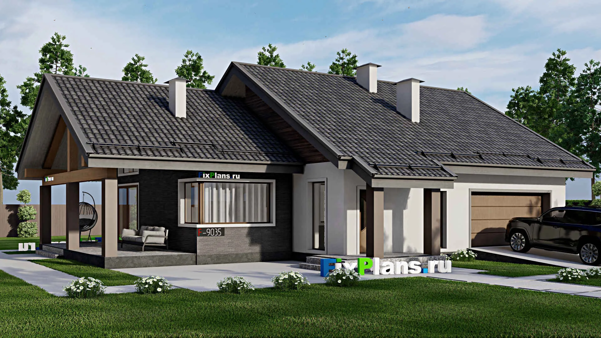 F-9035 - Проект одноэтажного дома 15 на 18, площадью 180 м² с террасой, гаражом на 1 машину и 3 спальнями