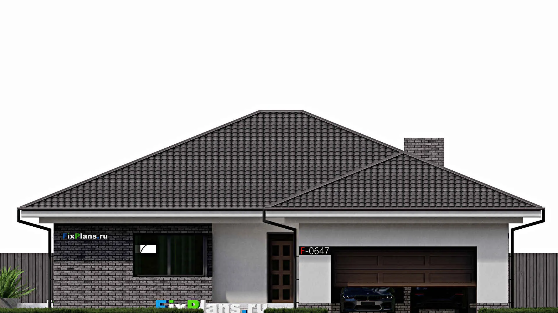 F-0647 - План одноэтажного дома 16 на 21, площадью 230 м² с террасой, гаражом на 2 машины и 3 спальнями