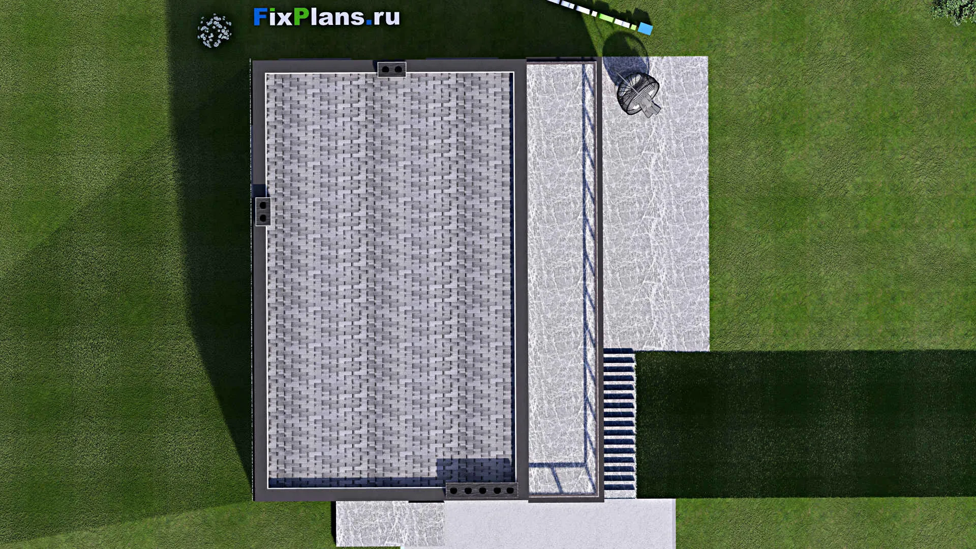 F-3527 - План одноэтажного дома 10 на 14, площадью 210 м² с террасой, цокольным этажом, баней и 2 спальнями