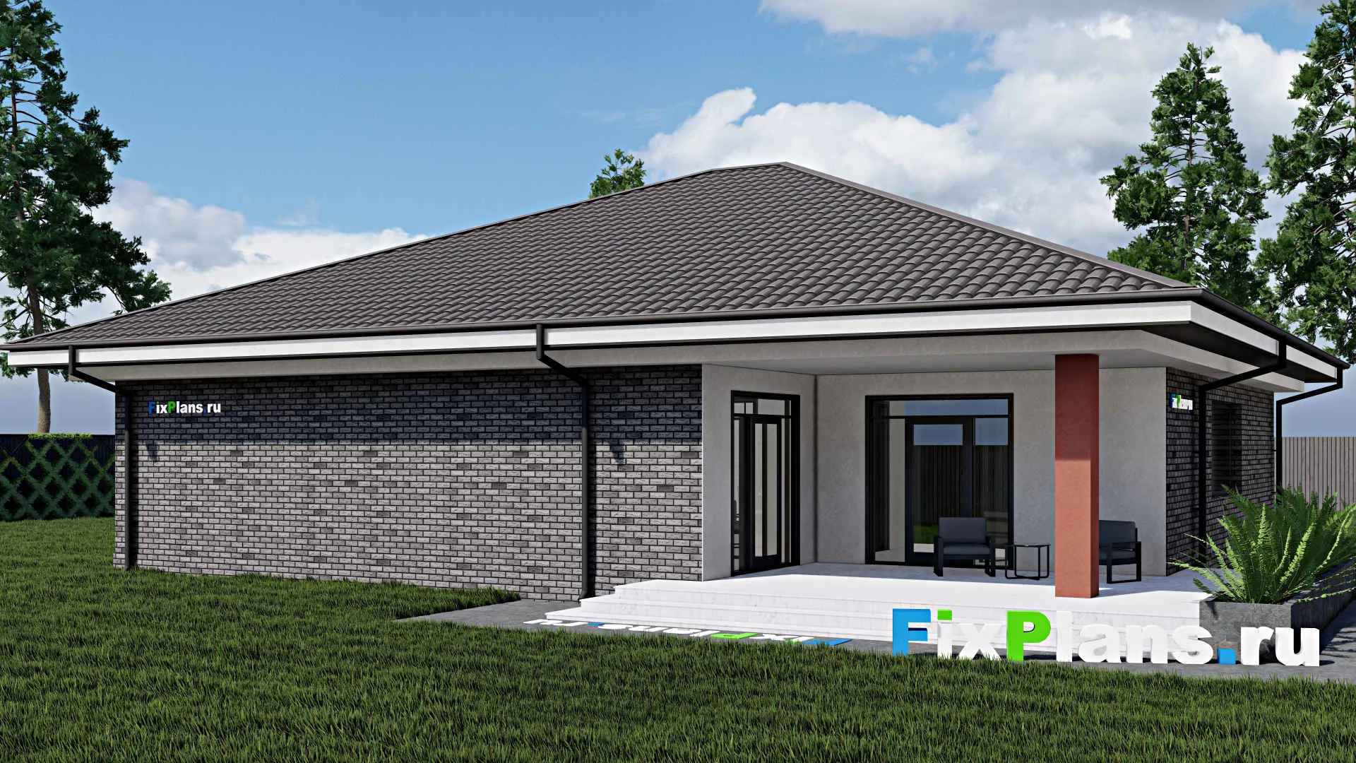 F-0647 - План одноэтажного дома 16 на 21, площадью 230 м² с террасой, гаражом на 2 машины и 3 спальнями