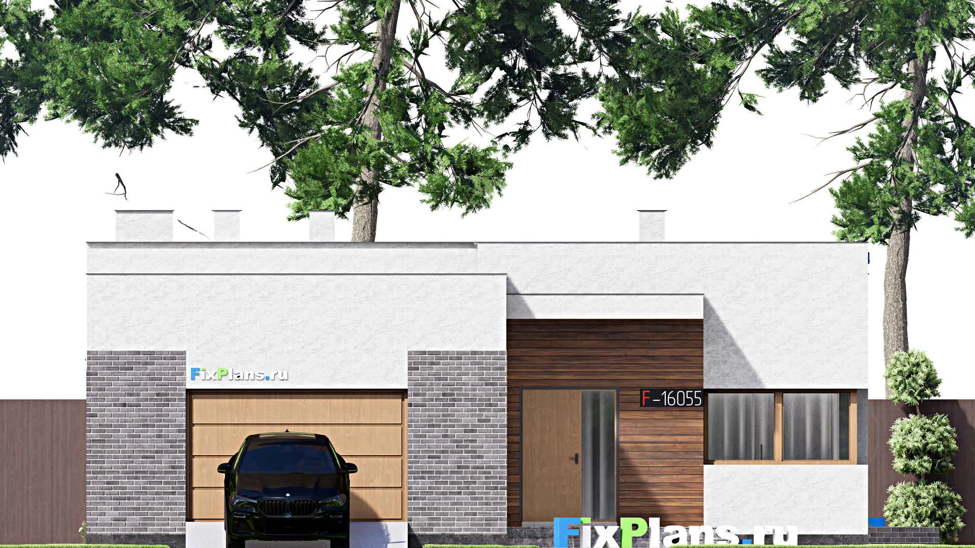 F-16055 - Проект одноэтажного дома 14 на 20, площадью 190 м² с террасой, гаражом на 1 машину и 3 спальнями