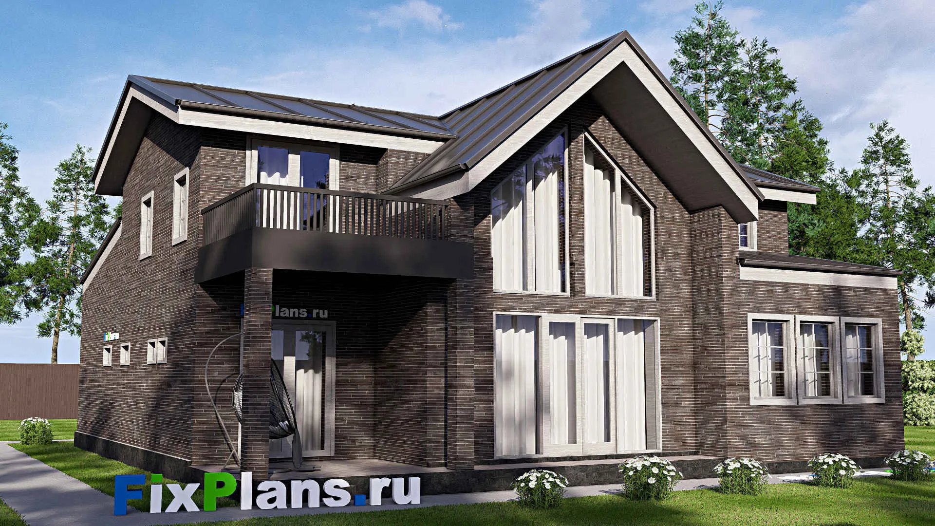 F-20411 - Планы дома с мансардой 14 на 15, площадью 240 м² с террасой, балконом, гаражом на 1 машину и 5 спальнями