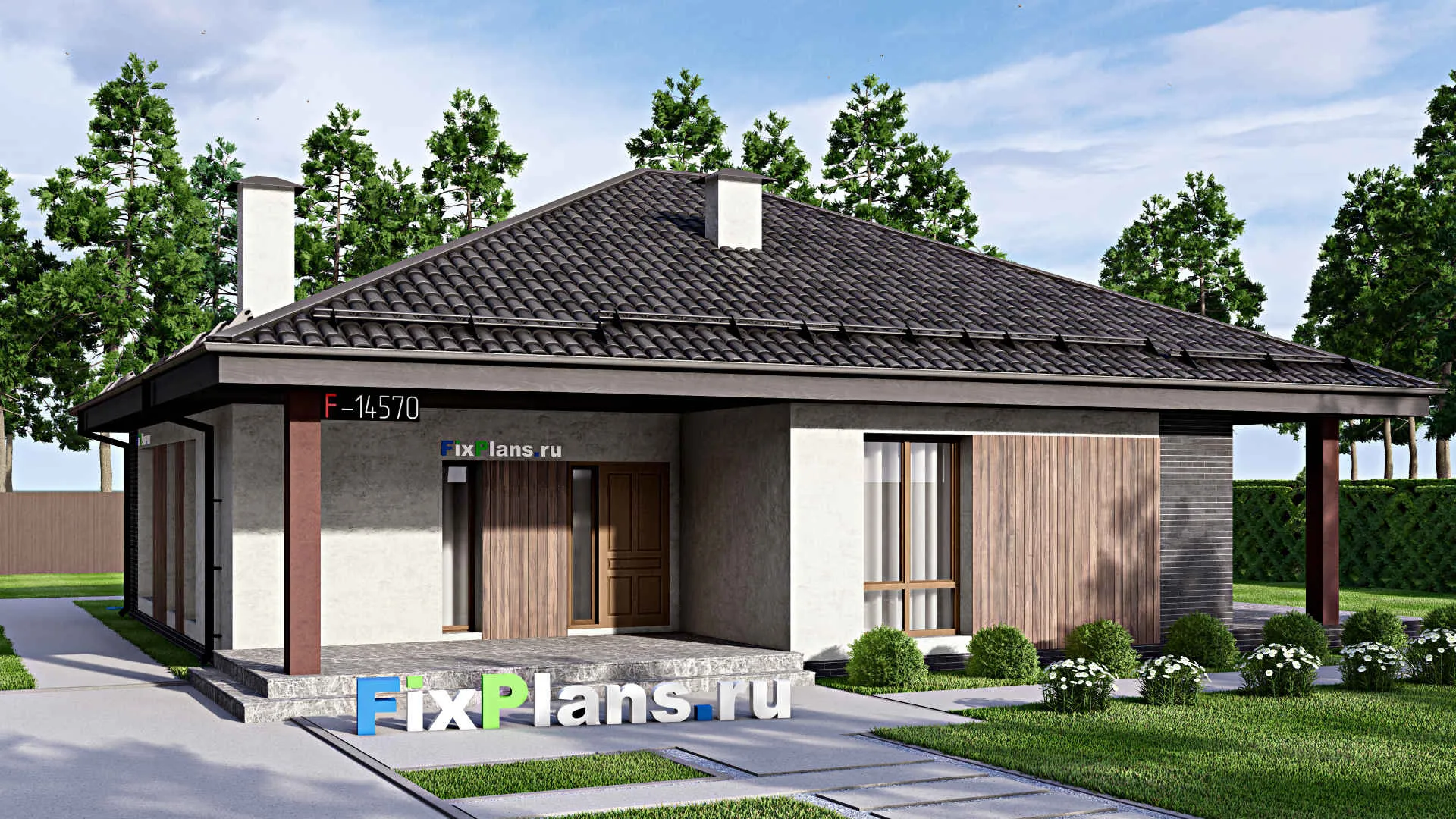 F-14570 - Проект одноэтажного дома 17 на 17, площадью 220 м² с террасой и 2 спальнями
