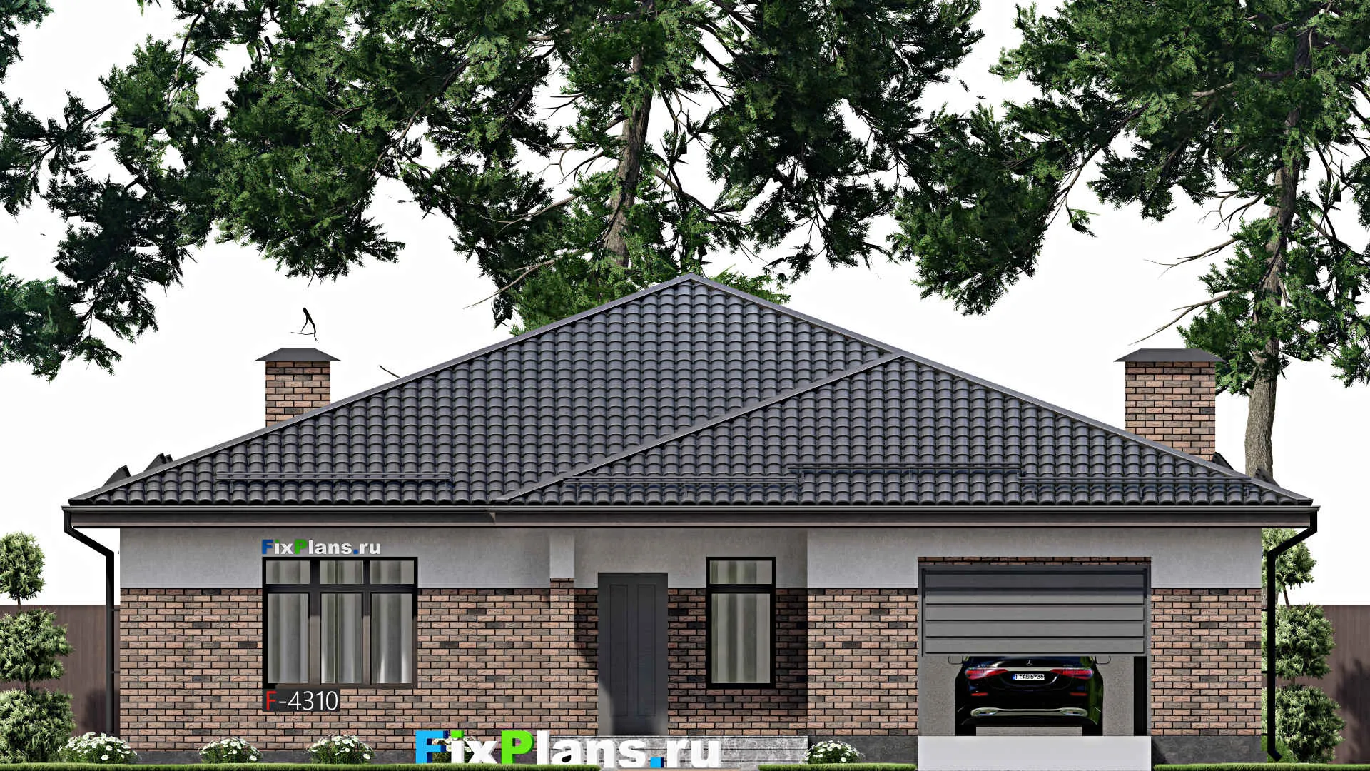 F-4310 - Проект одноэтажного дома 15 на 18, площадью 230 м² с террасой, баней, гаражом на 1 машину и 3 спальнями