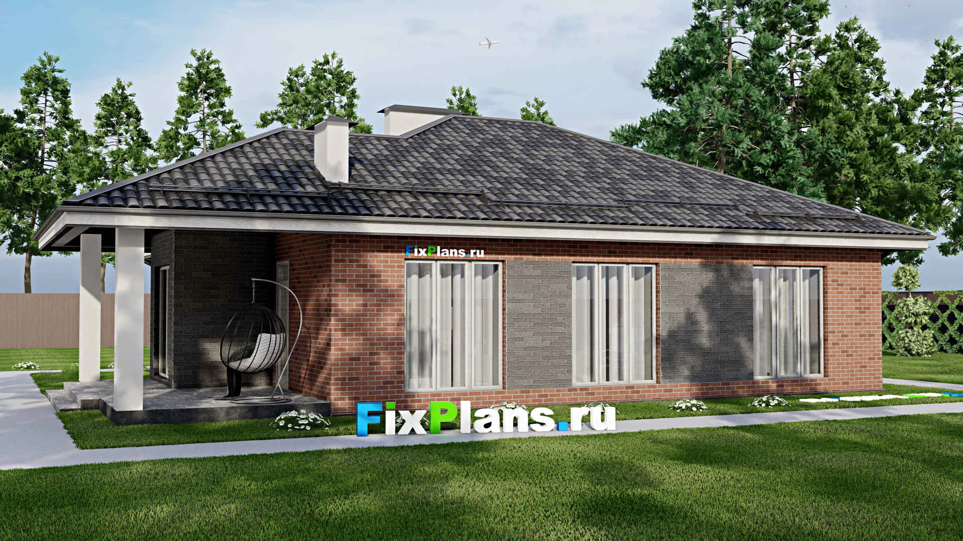 F-5894 - План одноэтажного дома 15 на 18, площадью 170 м² с террасой, баней и 3 спальнями