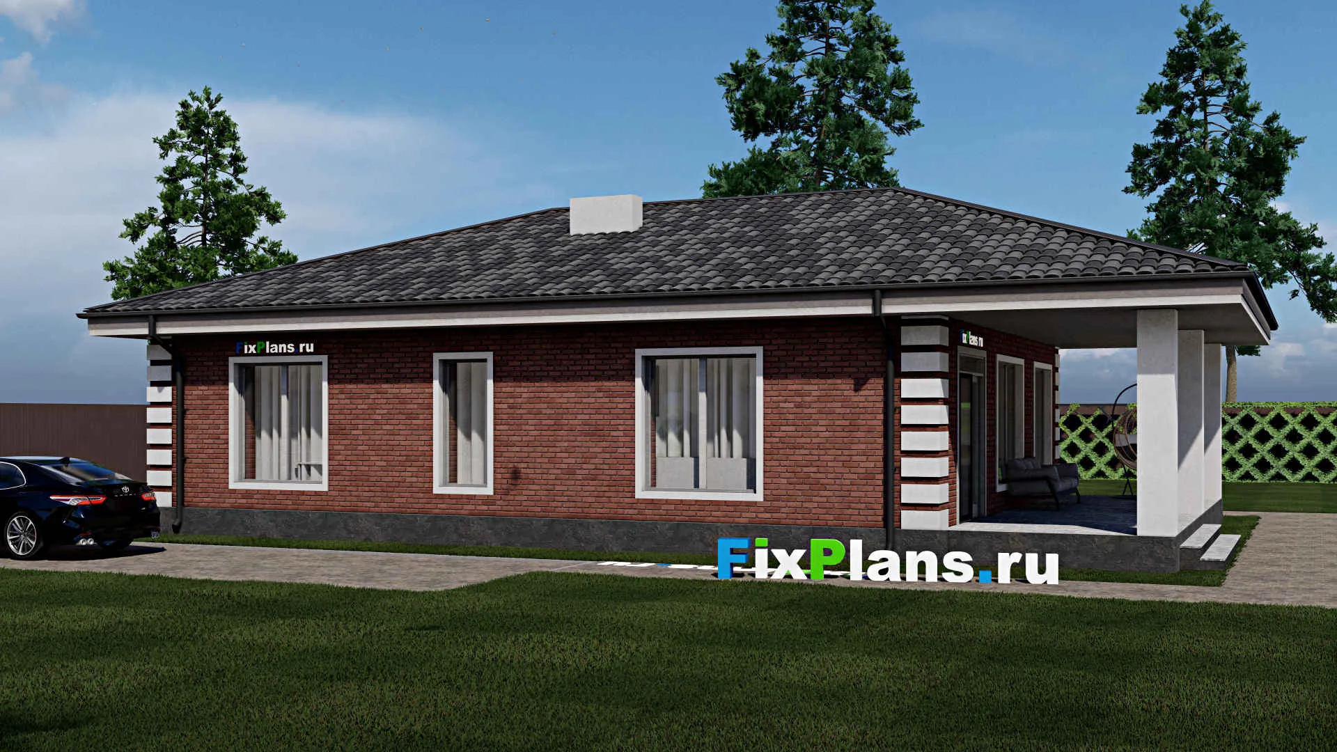 F-1655 - План одноэтажного дома 10 на 14, площадью 150 м² с террасой и 3 спальнями