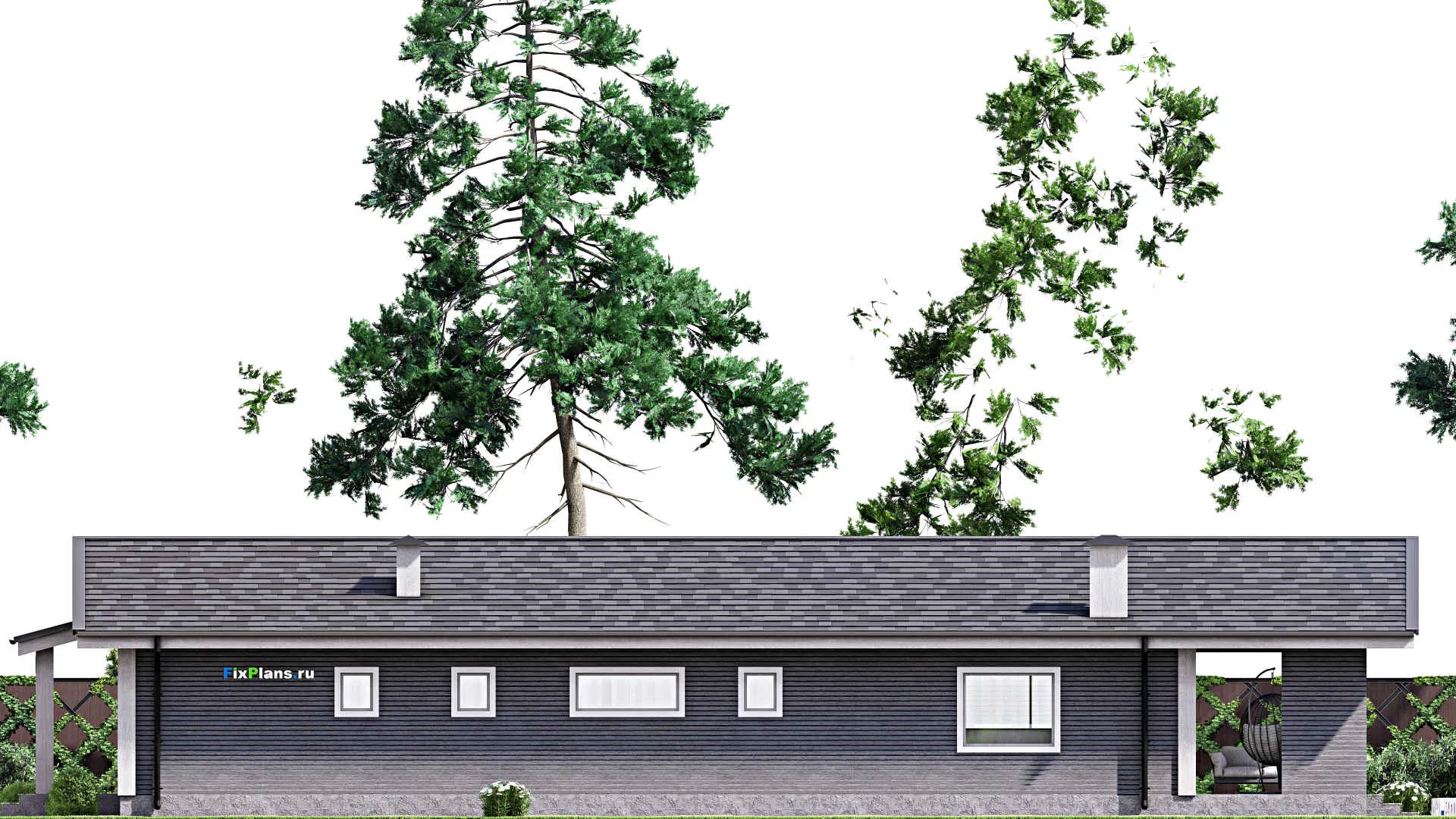 F-13112 - Проект одноэтажного дома 11 на 23, площадью 190 м² с террасой, баней и 3 спальнями