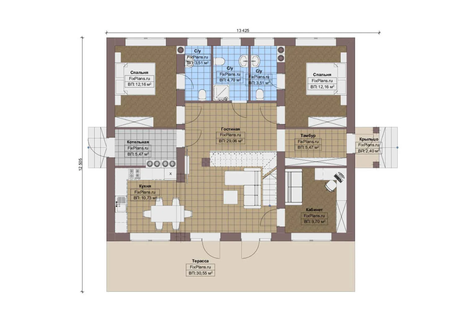 F-14534 - Планы дома с мансардой 13 на 14, площадью 160 м² с террасой и 4 спальнями