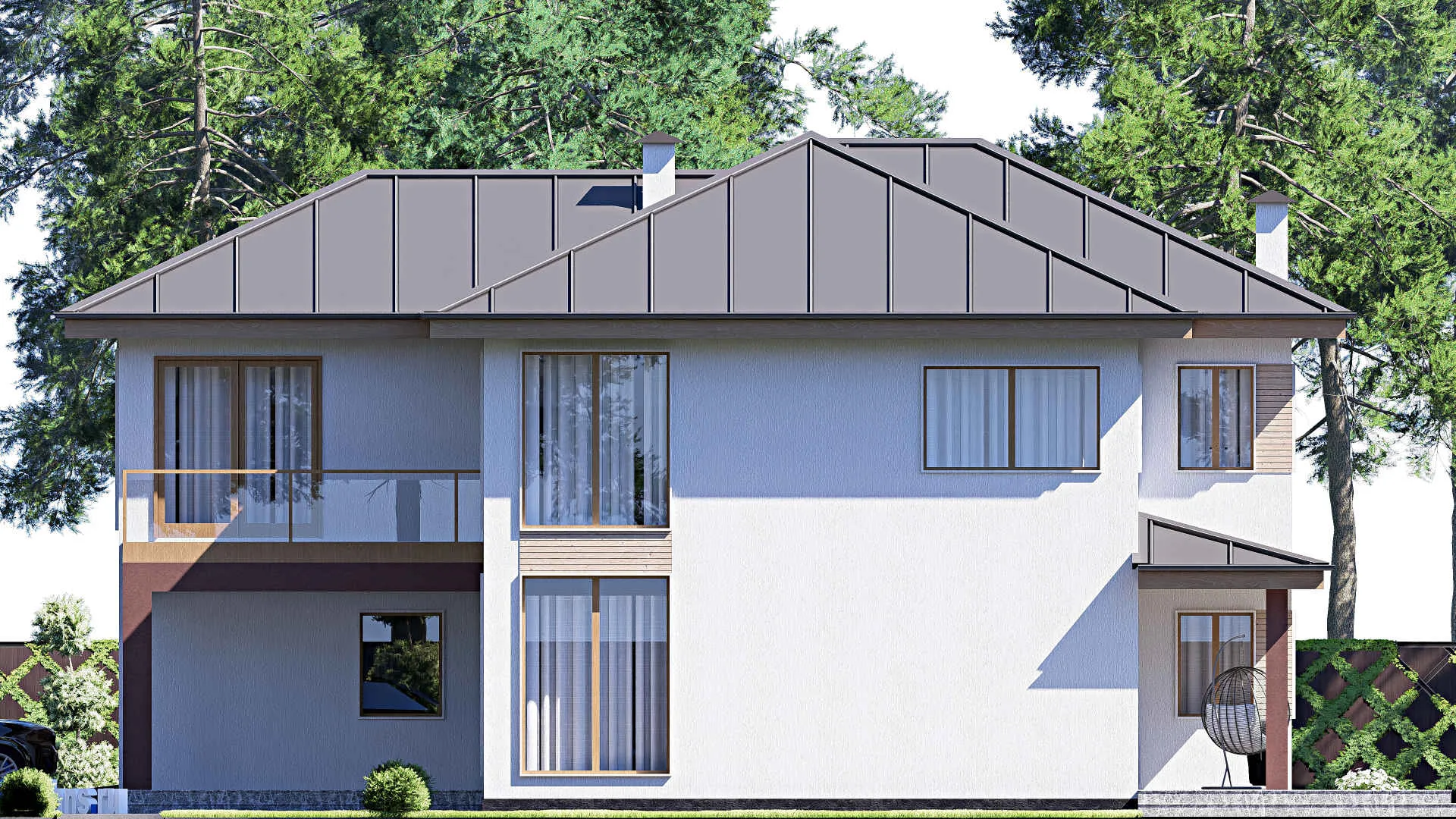 F-17846 - Проект двухэтажного дома 14 на 19, площадью 310 м² с террасой, балконом, гаражом на 2 машины и 4 спальнями