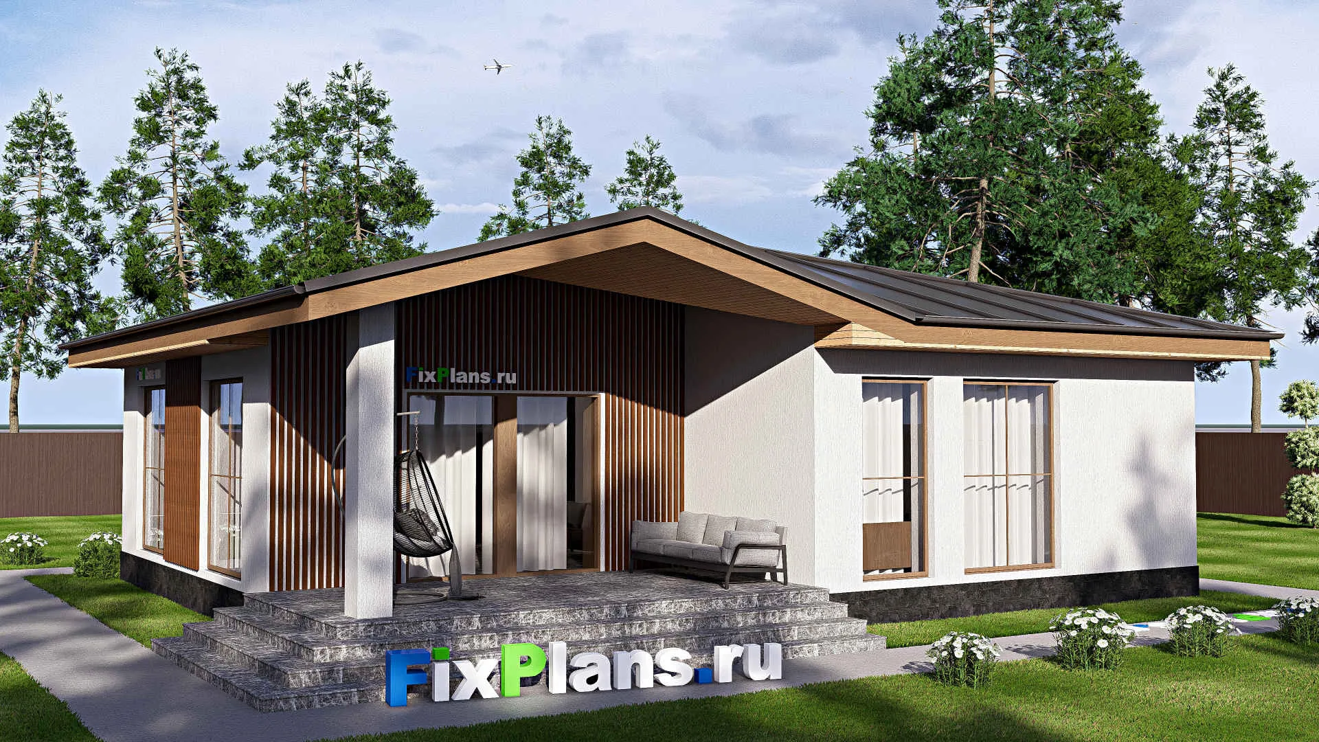 F-16559 - Проект одноэтажного дома 11 на 13, площадью 120 м² с террасой и 3 спальнями