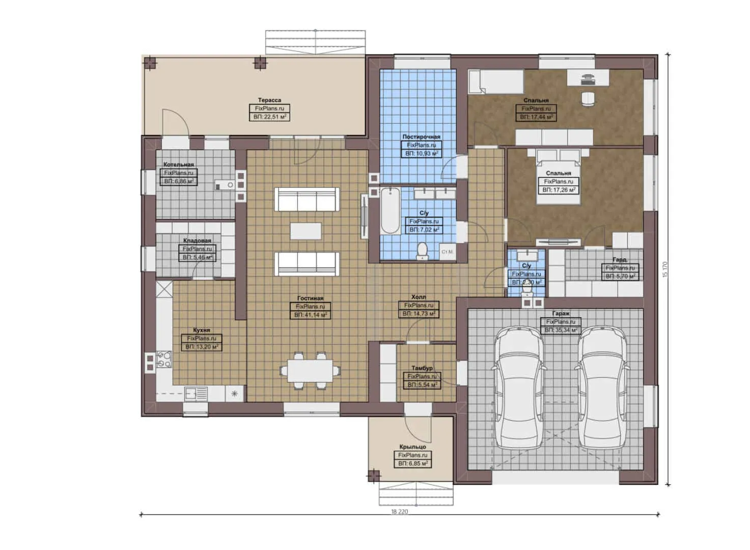 F-0296 - План одноэтажного дома 16 на 19, площадью 220 м² с террасой, гаражом на 2 машины и 2 спальнями