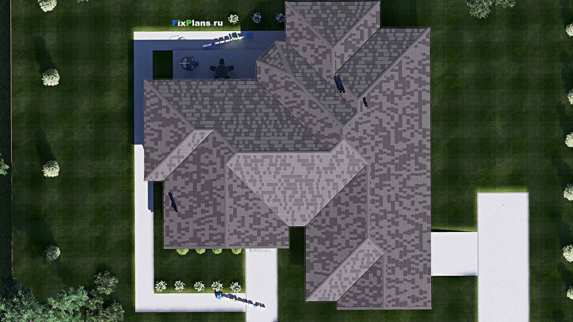 F-19934 - Проект одноэтажного дома 22 на 24, площадью 300 м² с террасой, гаражом на 2 машины и 3 спальнями