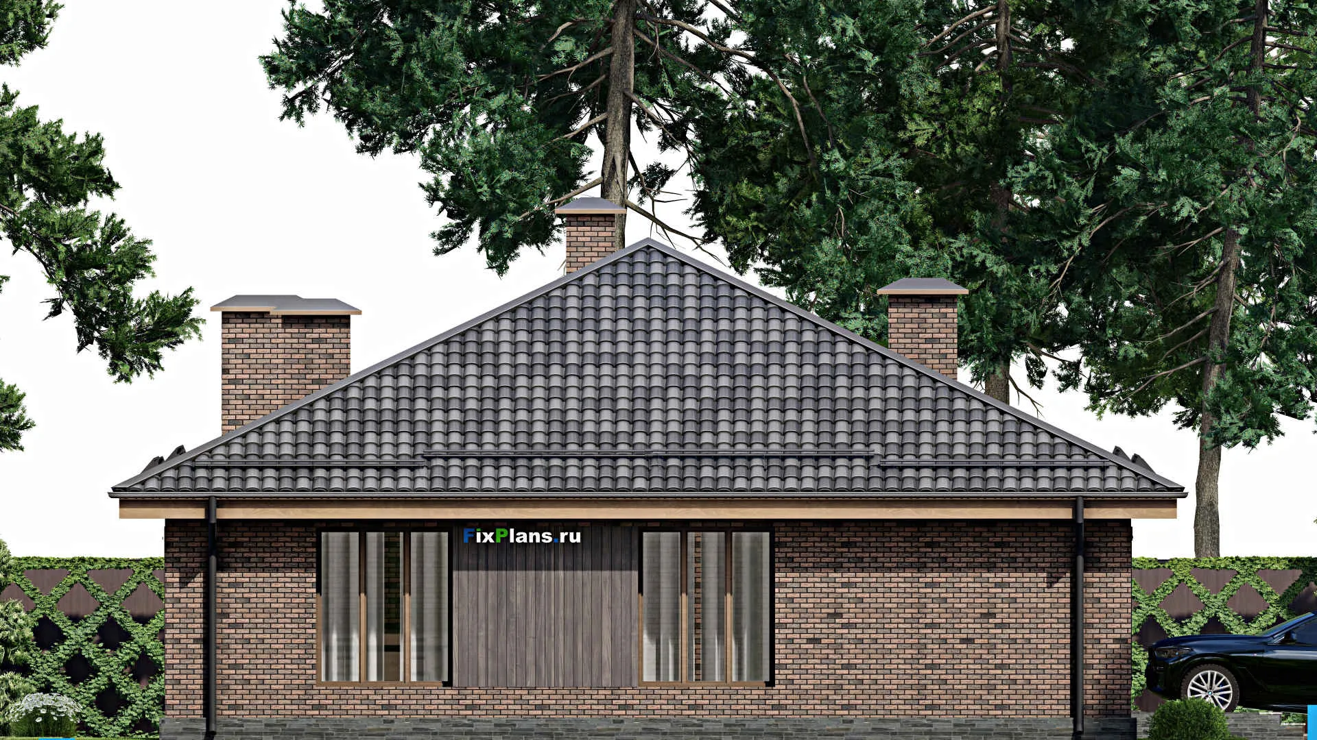 F-10781 - Проект одноэтажного дома 15 на 18, площадью 180 м² с гаражом на 2 машины и 2 спальнями