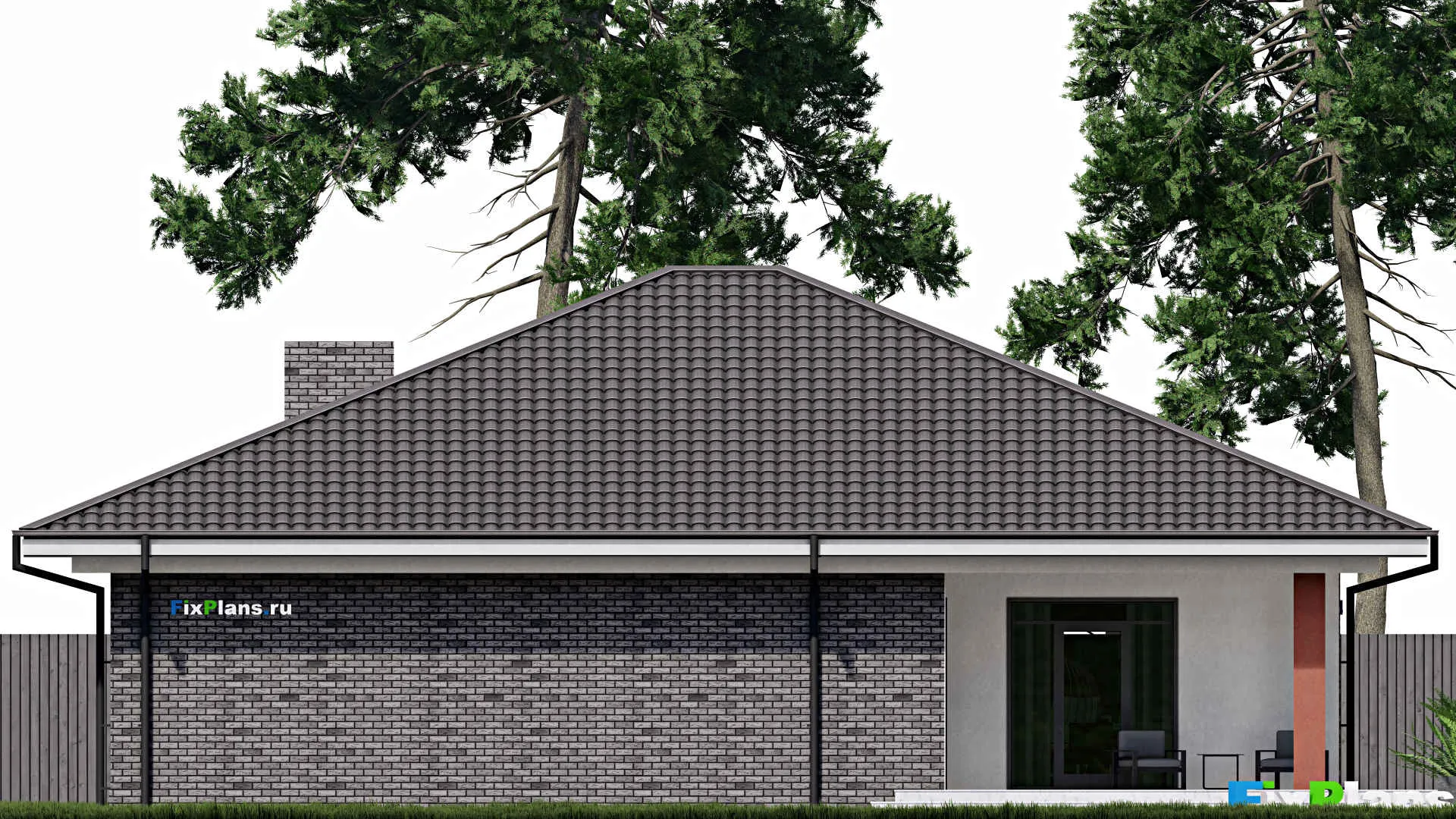 F-0647 - План одноэтажного дома 16 на 21, площадью 230 м² с террасой, гаражом на 2 машины и 3 спальнями