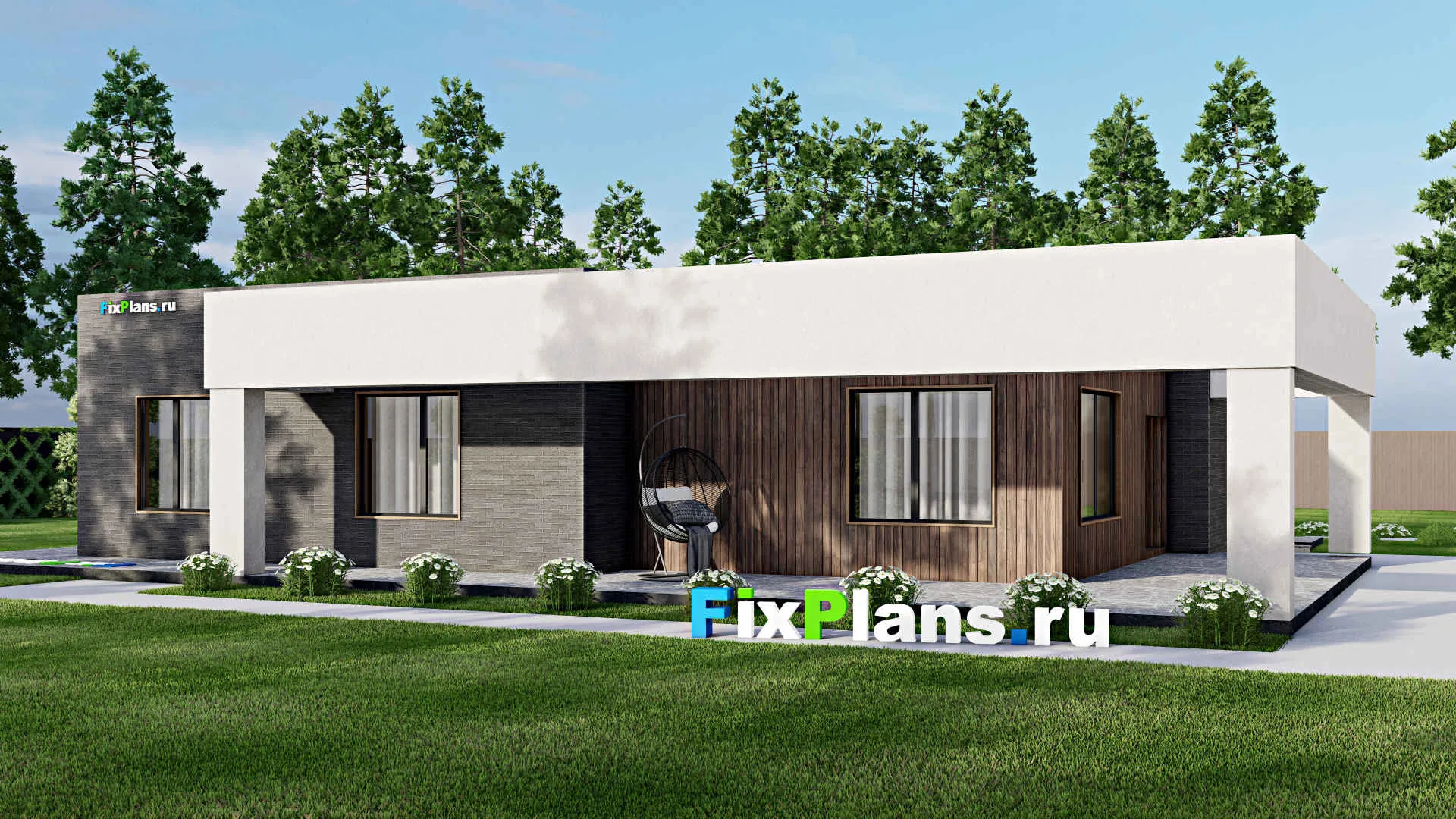 F-7082 - План одноэтажного дома 17 на 21, площадью 280 м² с террасой и 4 спальнями