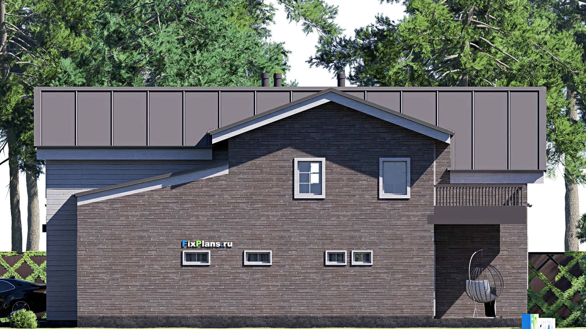 F-20411 - Планы дома с мансардой 14 на 15, площадью 240 м² с террасой, балконом, гаражом на 1 машину и 5 спальнями