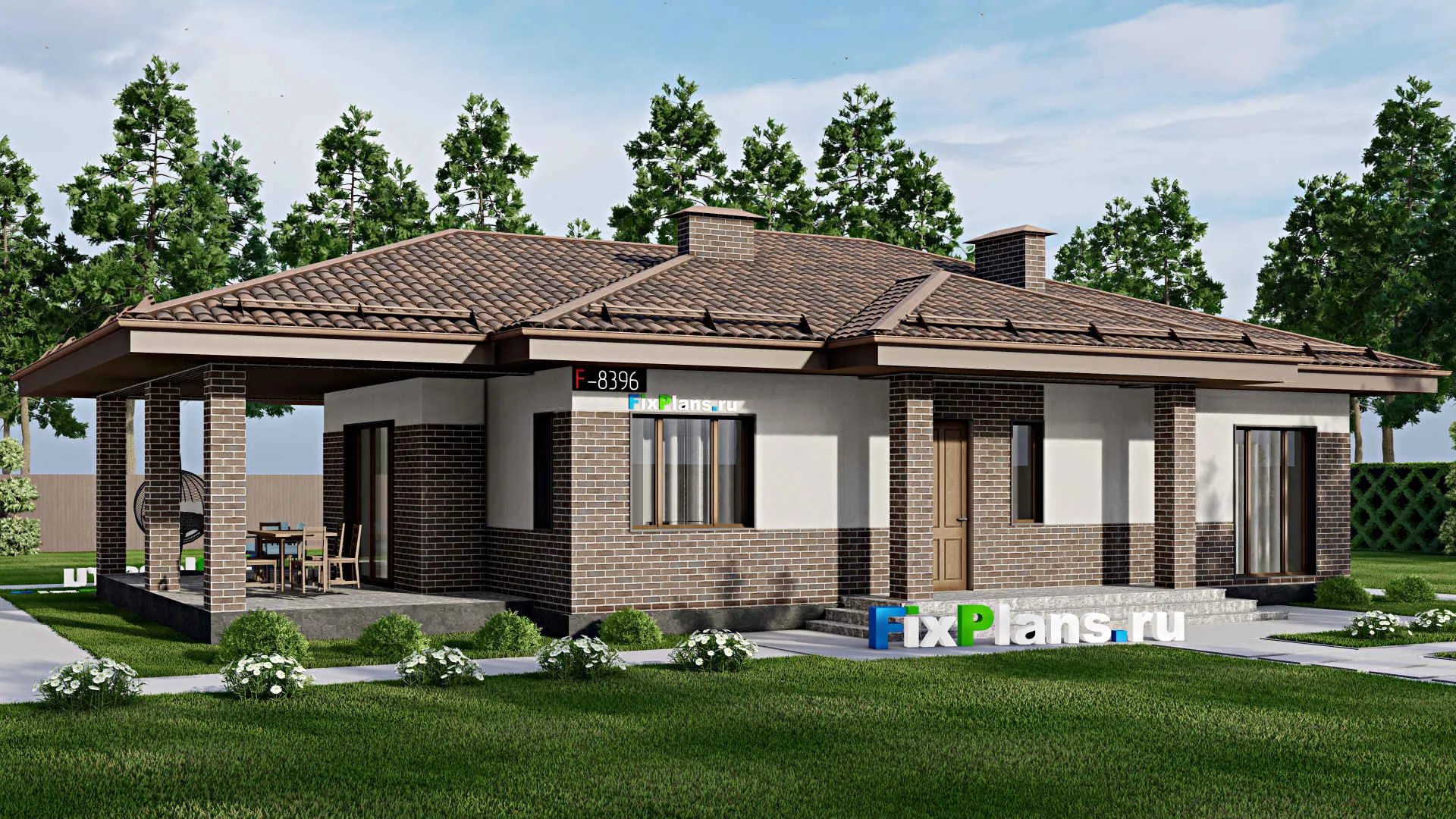 F-8396 - Проект одноэтажного дома 13 на 17, площадью 160 м² с террасой и 3 спальнями