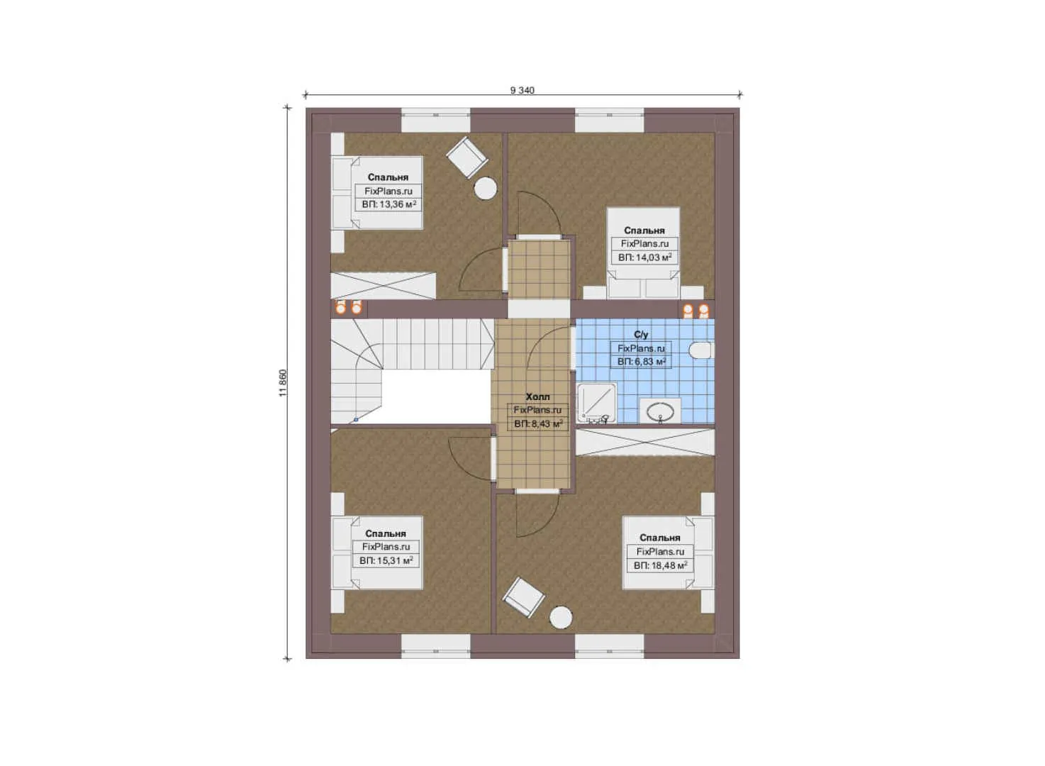 F-14471 - План одноэтажного дома 13 на 14, площадью 200 м² с террасой и 5 спальнями