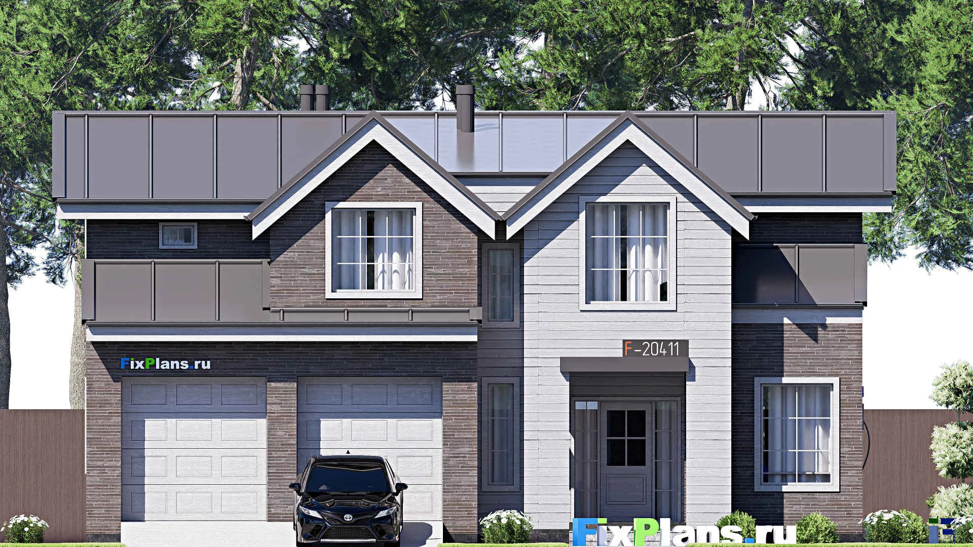 F-20411 - Планы дома с мансардой 14 на 15, площадью 240 м² с террасой, балконом, гаражом на 1 машину и 5 спальнями