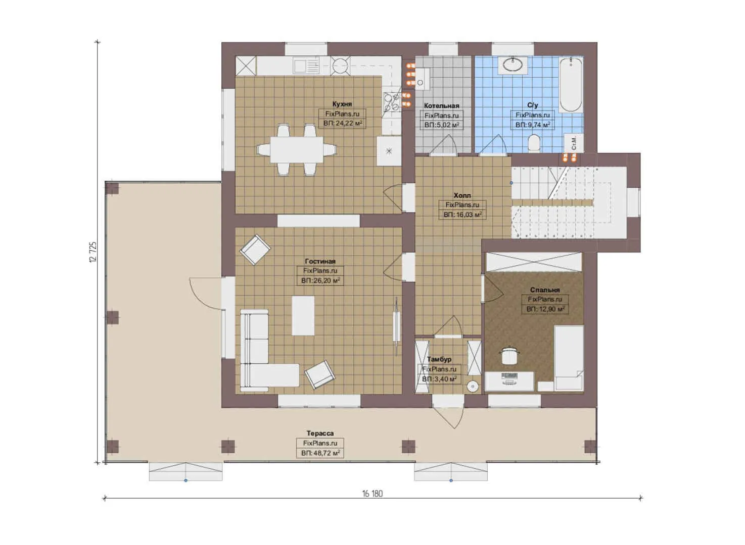 F-13346 - Планы дома с мансардой 13 на 17, площадью 260 м² с террасой, балконом и 4 спальнями
