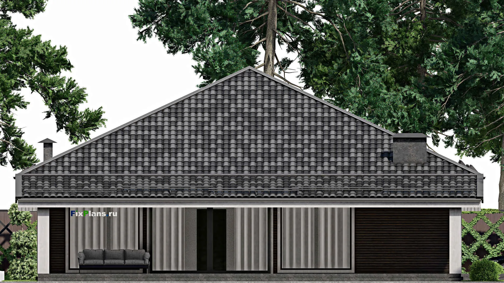 F-6839 - План одноэтажного дома 14 на 14, площадью 270 м² с террасой и 3 спальнями