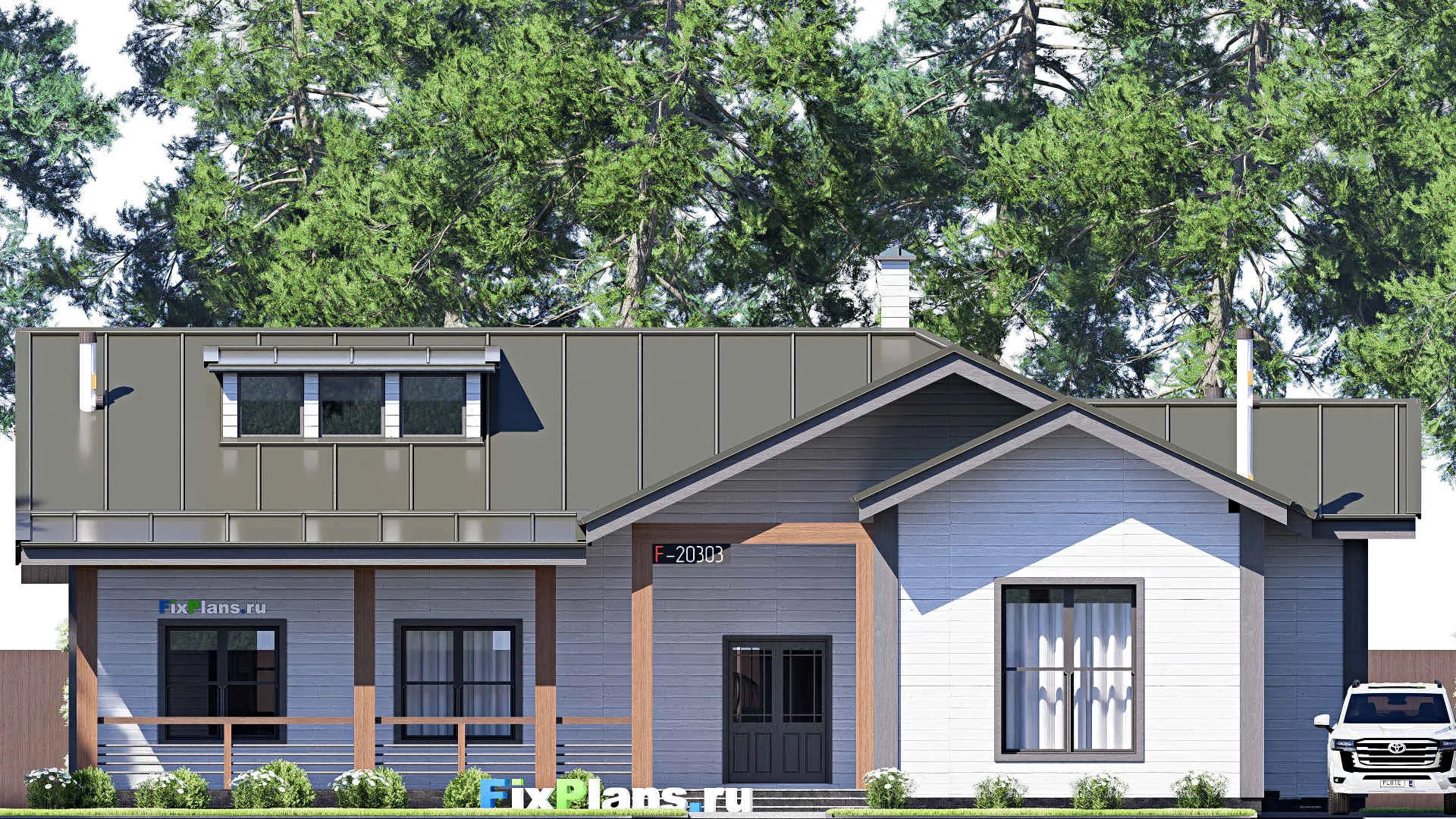 F-20303 - Проект одноэтажного дома 19 на 20, площадью 260 м² с террасой и 2 спальнями