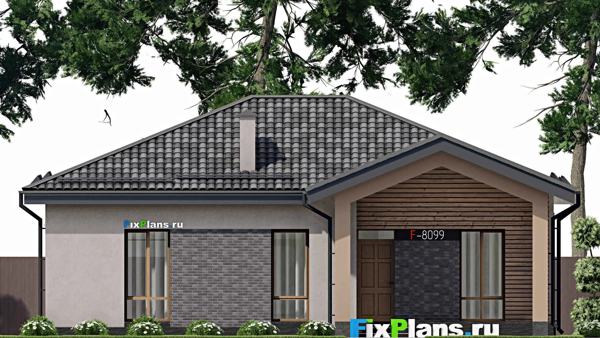 F-8099 - Проект одноэтажного дома 11 на 14, площадью 120 м² с террасой и 3 спальнями