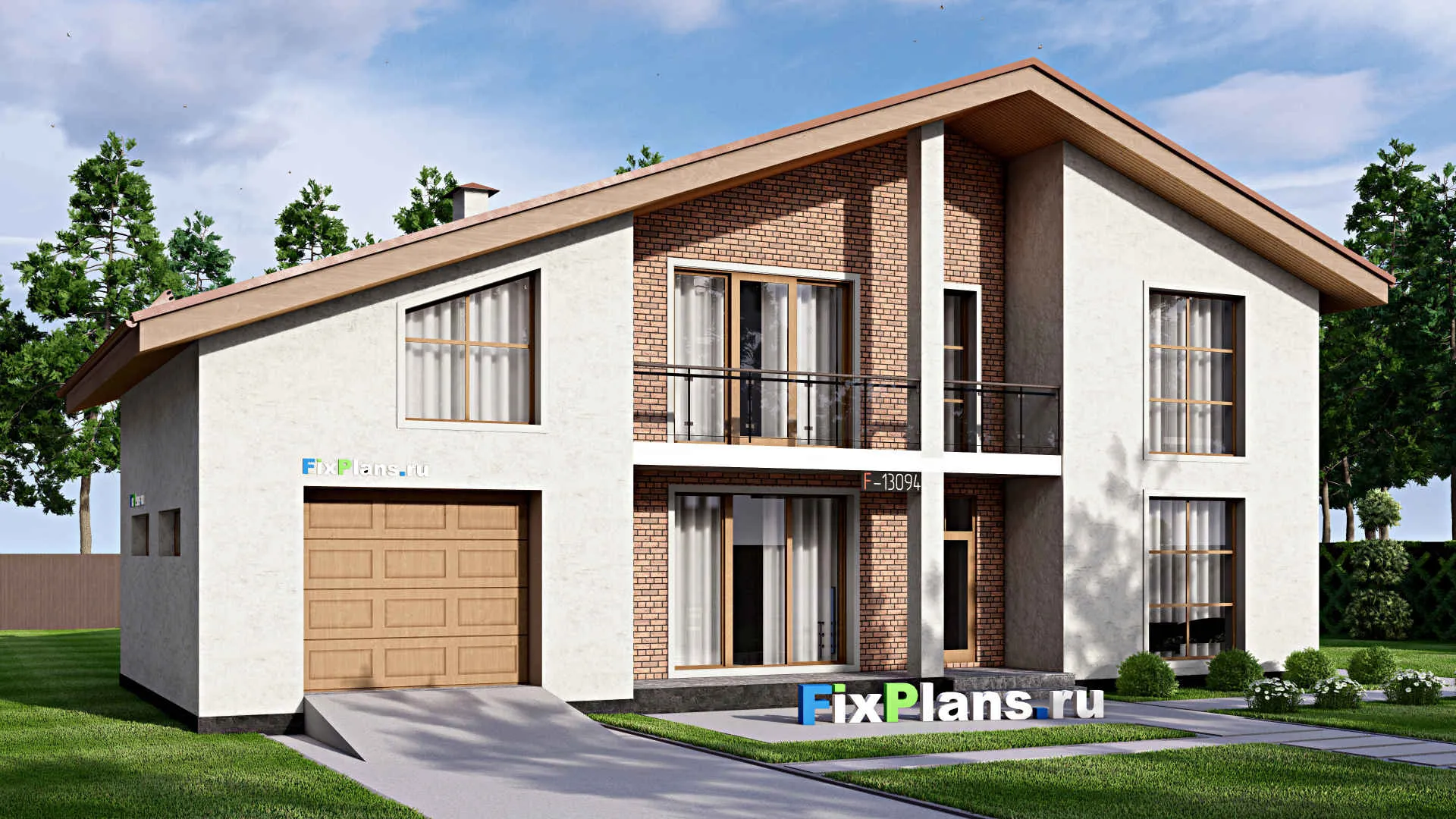 F-13094 - Проект дома с мансардой 12 на 18, площадью 230 м² с террасой, балконом, гаражом на 1 машину и 4 спальнями