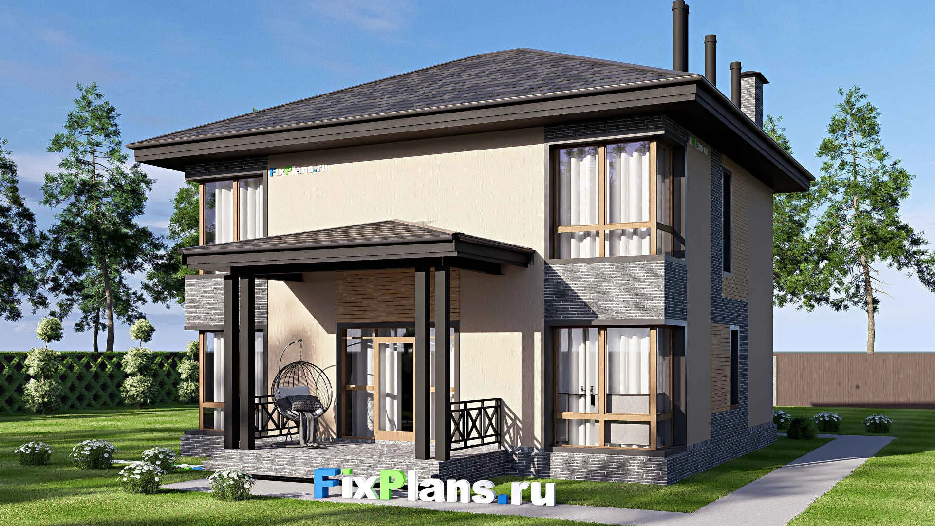 F-19538 - Проект двухэтажного дома 12 на 15, площадью 200 м² с террасой и 3 спальнями