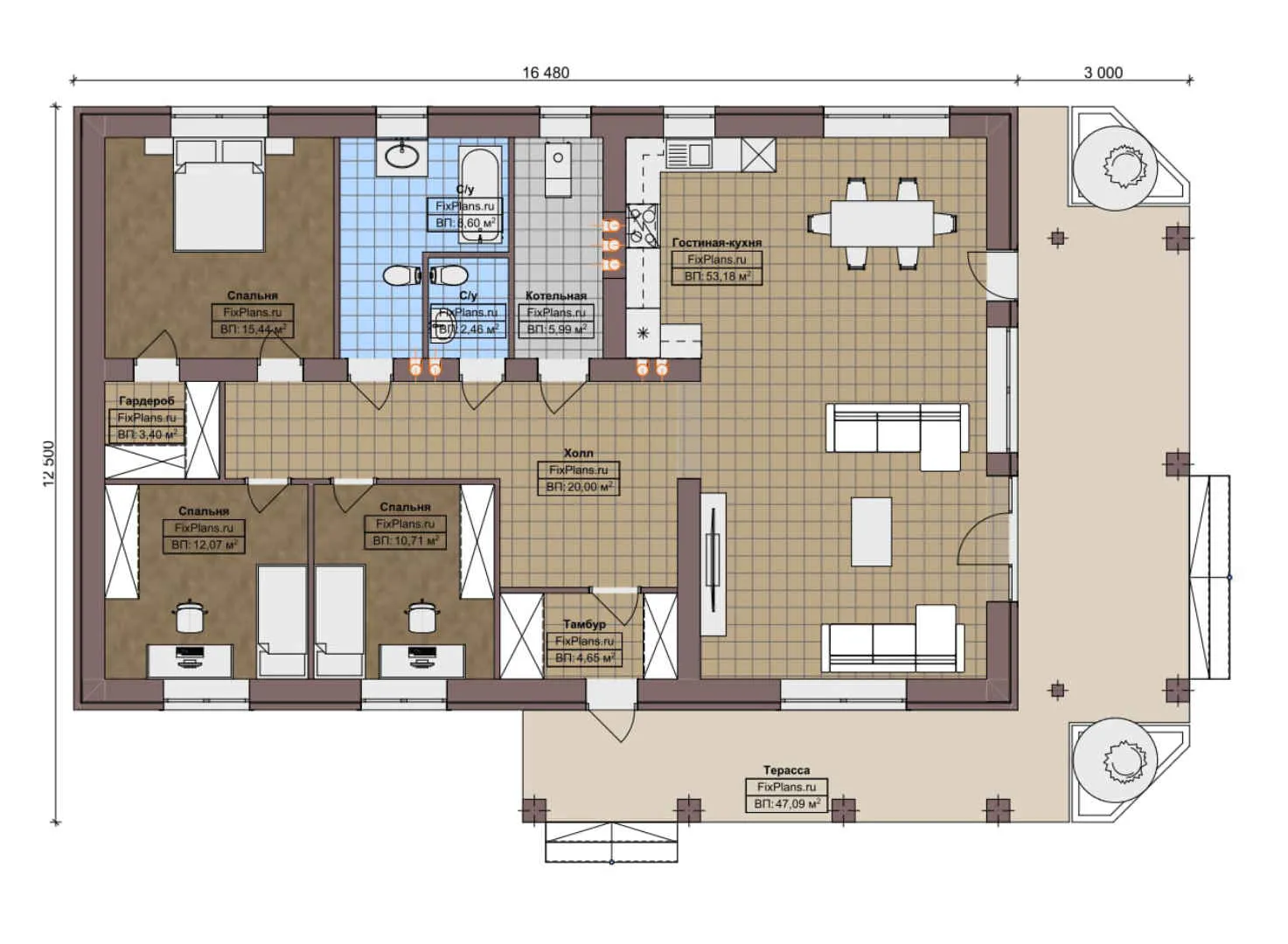 F-5030 - План одноэтажного дома 13 на 17, площадью 190 м² с террасой и 3 спальнями