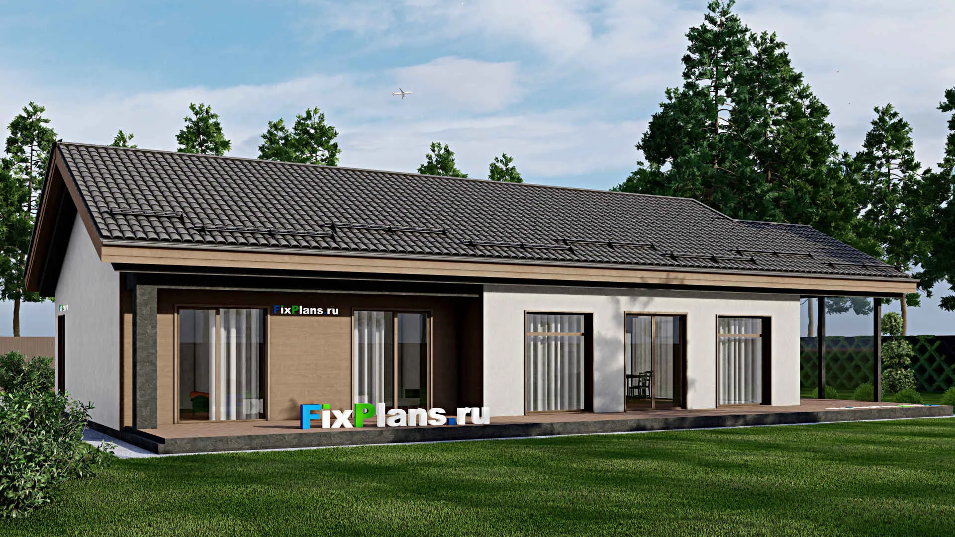 F-2492 - План одноэтажного дома 11 на 19, площадью 240 м² с террасой и 3 спальнями