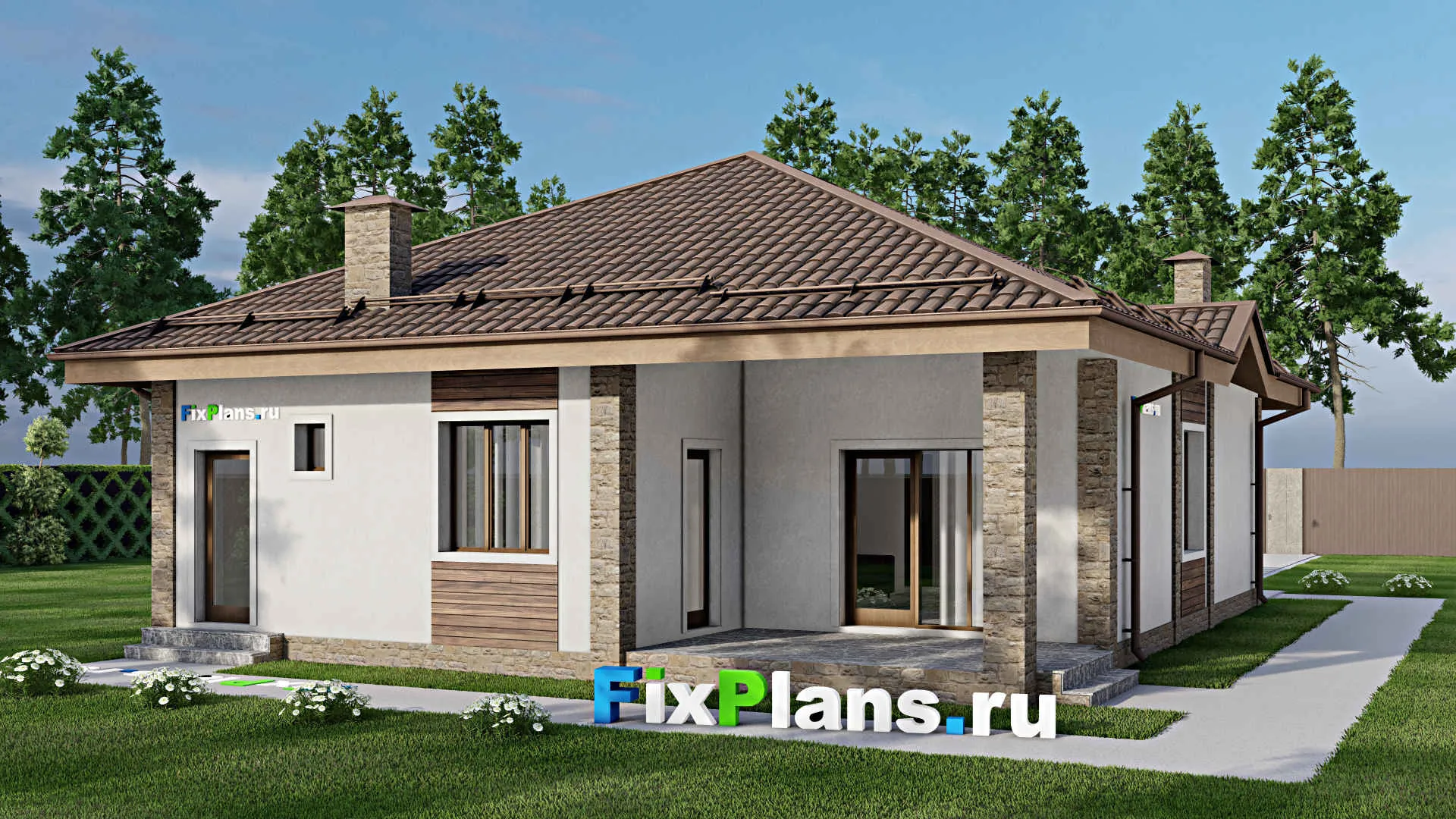 F-10151 - Проект одноэтажного дома 11 на 15, площадью 130 м² с террасой, баней и 3 спальнями