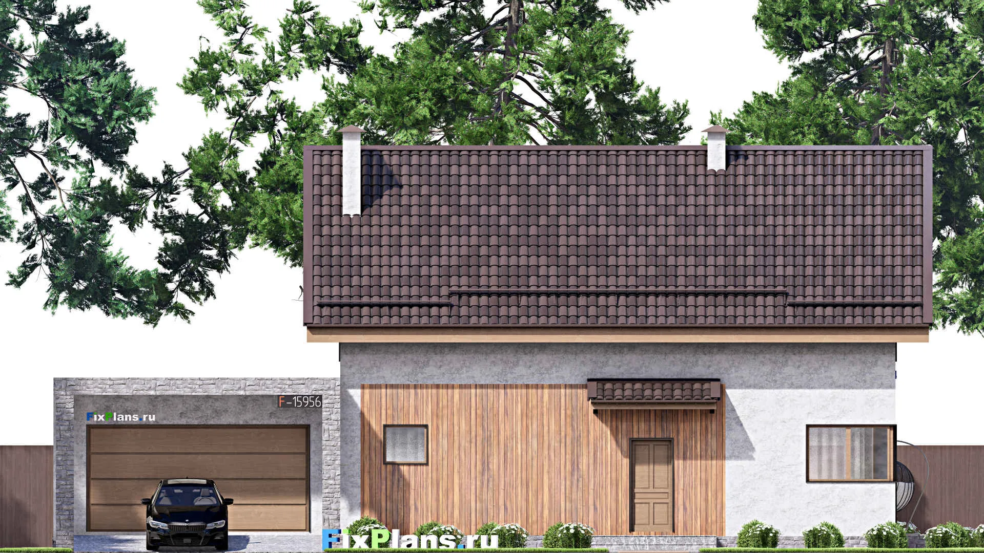 F-15956 - Проект дома с мансардой 13 на 20, площадью 240 м² с террасой, гаражом на 2 машины и 4 спальнями