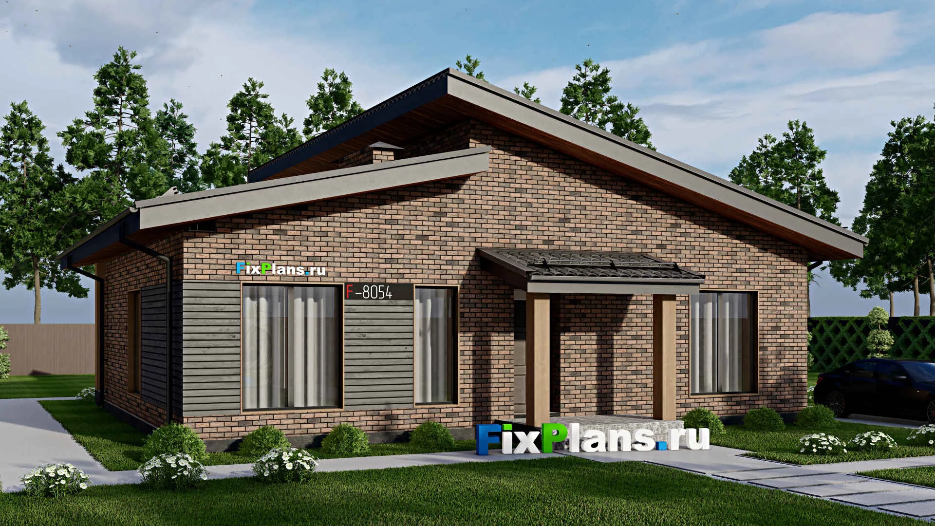 F-8054 - Проект одноэтажного дома 13 на 14, площадью 140 м² с террасой и 3 спальнями